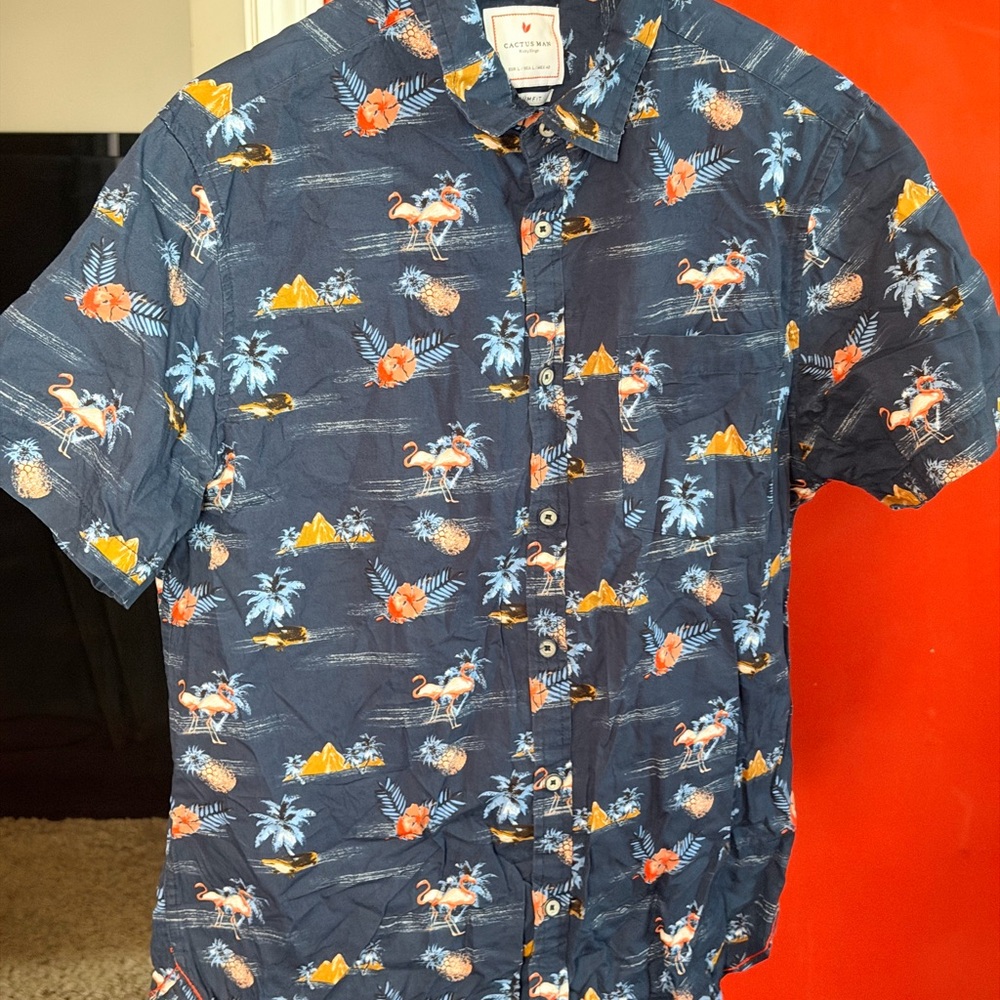 Cactus Man Dark Blue Tropical Flamingo Shirt Slim Fit Sz Lg Nwot